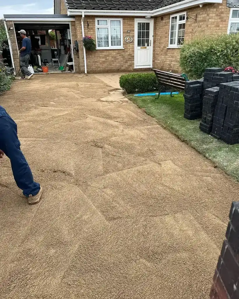 Driveway mid-installation: screeded base ready for block paving, Skegness